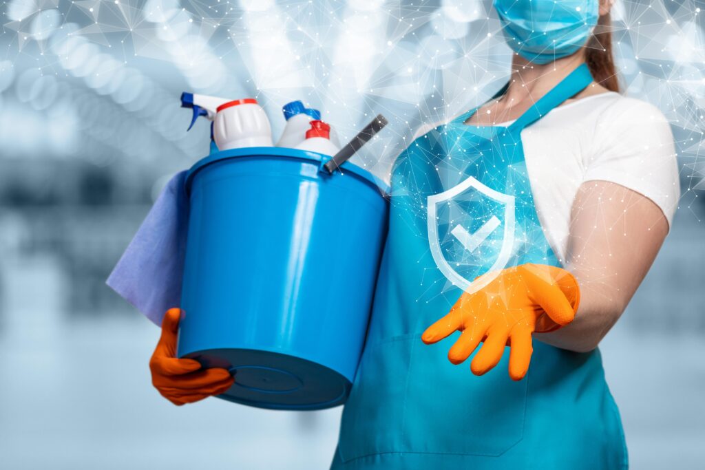 quality cleaning concept.the cleaning lady shows the symbol of quality service.